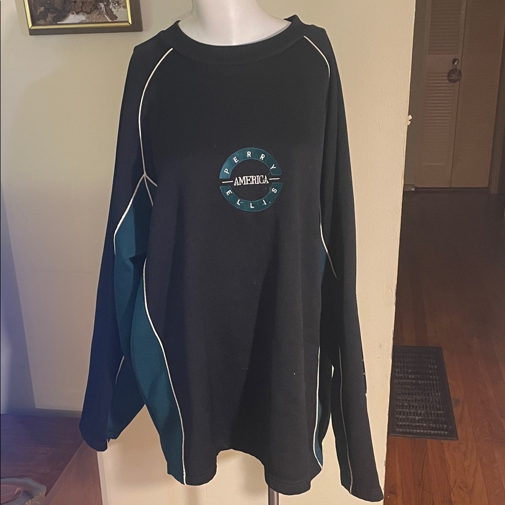 Vintage Perry Ellis Black Sweatshirt with Green Logo
